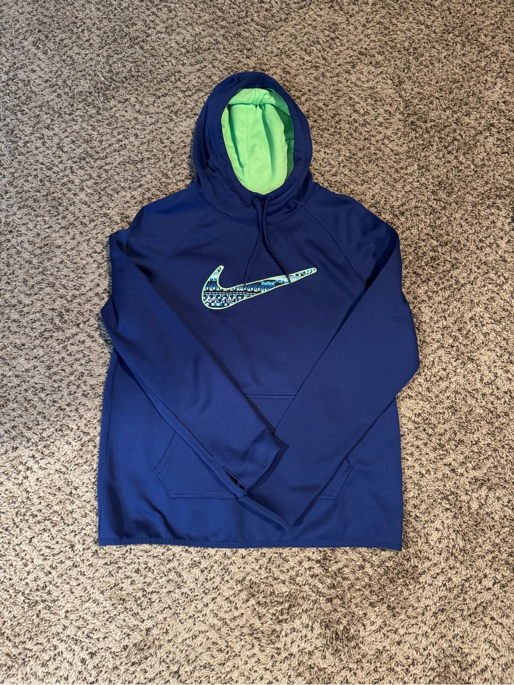 Nike Navy Hoodie with Neon Green Lined Hood and Patterned Swoosh